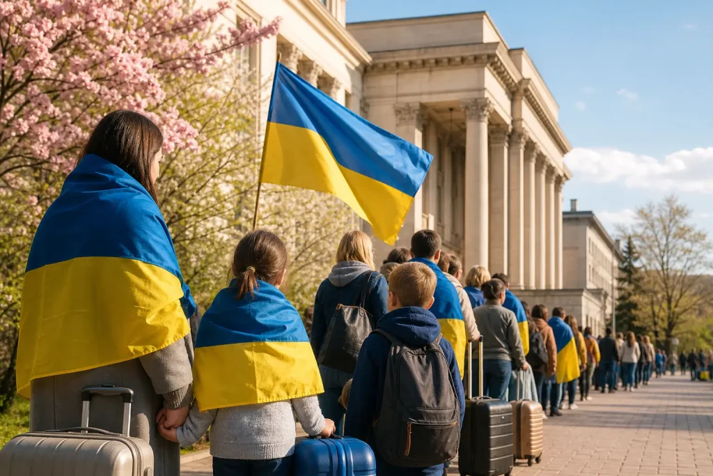 Украинские семьи в очереди перед болгарским госучреждением для оформления временной защиты.