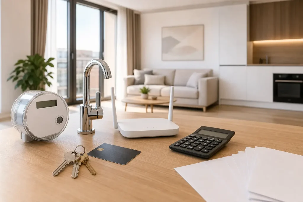 Keys, bills, and meters in an apartment for an article on housing costs in Bulgaria