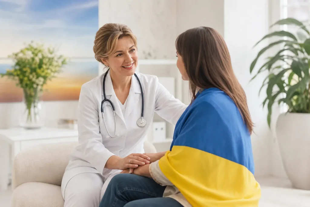 Врач в болгарской клинике консультирует украинца, демонстрируя заботу.