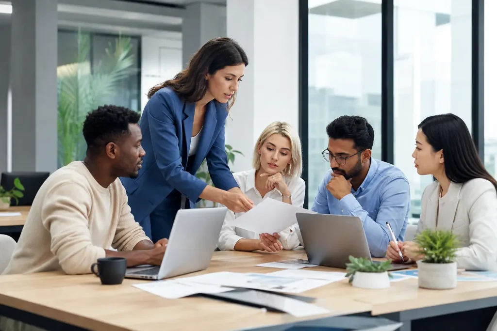 A group of experts is discussing a summary in a modern office in Bulgaria.